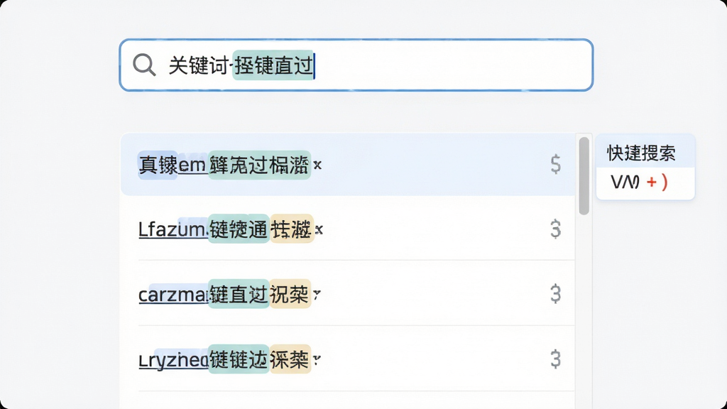 往链点点通一键直达与快捷搜索界面图,画面展示软件搜索框输入关键词后列表实时过滤的效果,搜索框位于顶部中央,下方列表仅显示匹配的链接条目,右侧有快捷键提示标签,布局为上下结构,排版简洁,风格为清爽工具类软件界面,细节包括搜索框的放大镜图标、高亮匹配文字、快捷键组合键显示,画质清晰,干净,无多余元素