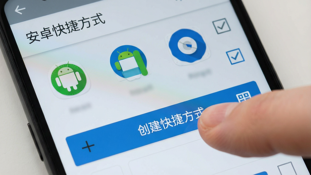 一部安卓手机屏幕特写,画面中显示“安卓快捷方式”软件界面,界面内列出多个应用图标和复选框,用户手指正在点击“创建快捷方式”按钮,背景为浅灰色,风格扁平化,细节清晰,画质干净,无多余元素