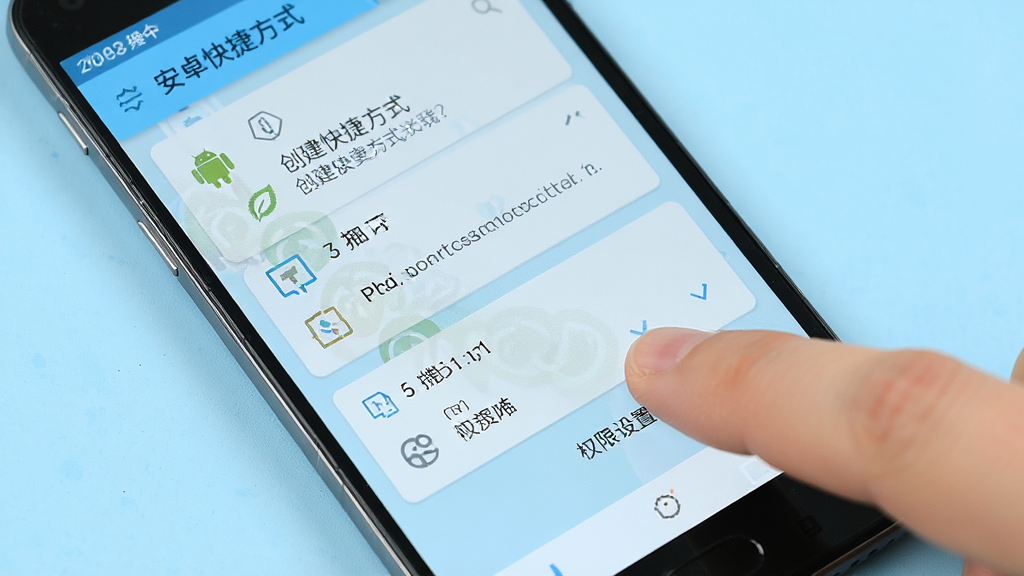 一部安卓手机屏幕显示“安卓快捷方式”软件的操作界面,界面中展示创建快捷方式的步骤提示和权限设置选项,画面中有手指点击屏幕的动作,背景为浅蓝色,风格简洁明快,细节清晰,画质高清,无多余元素