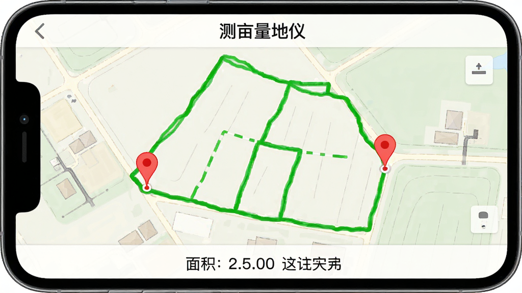 手机屏幕展示地图轨迹回放界面,绿色线条勾勒出不规则农田轮廓,红色起点和终点标记清晰可见,底部显示面积数值和单位,顶部有