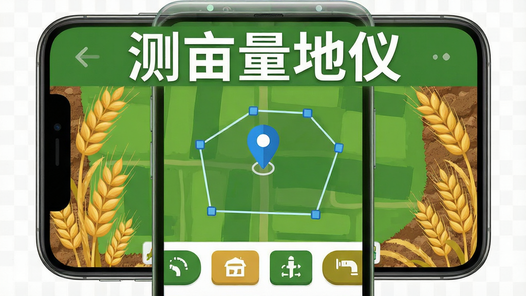 手机屏幕显示绿色农田地图界面,画面中央有蓝色定位标记和多边形测量区域,四周环绕麦穗与土地纹理装饰,顶部写有