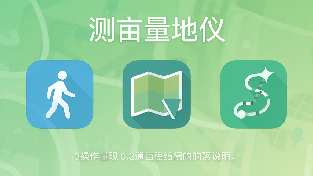 手机应用界面展示三种测量模式图标并排排列,左侧为步行小人图标,中间为地图勾画图标,右侧为轨迹记录图标,背景是淡绿色渐变,上方写有