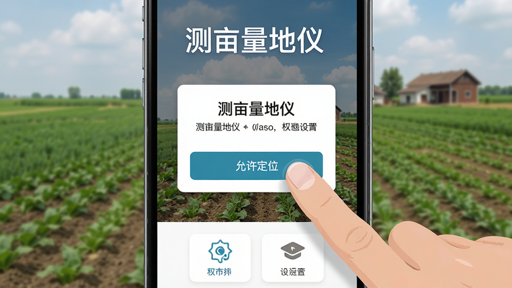 手机屏幕显示测亩量地仪操作提示弹窗,画面中有手指点击