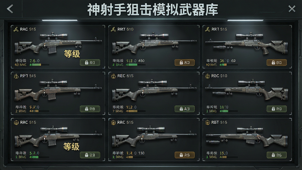 一张展示狙击枪械库界面的画面,画面中有多把不同型号的狙击步枪排列展示,每把枪旁边有属性条和等级标识。主体为狙击枪展示柜,布局为网格排列,排版整齐,风格为军事科技风,细节包括枪械金属质感、属性数值条、解锁按钮,画质高清、干净、无多余元素,画面中文字“神射手狙击模拟武器库”。