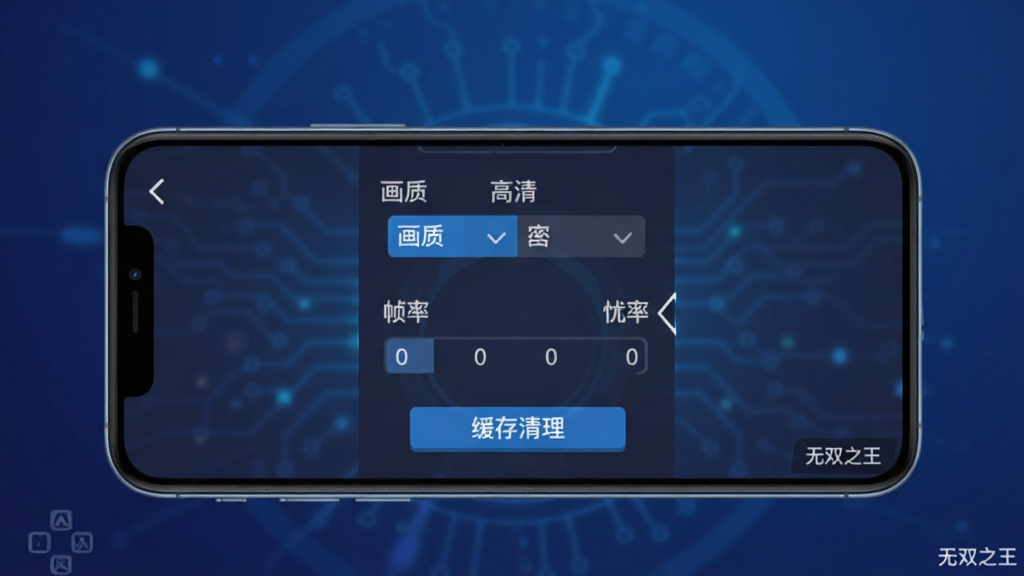 手机游戏运行优化示意图,主体是一部智能手机屏幕显示游戏设置界面,布局为居中展示,背景是简洁的深蓝色渐变,风格为扁平化科技风,细节上屏幕内可见画质选项、帧率选项与缓存清理按钮,画质为高清、干净、无多余元素,画面角落有