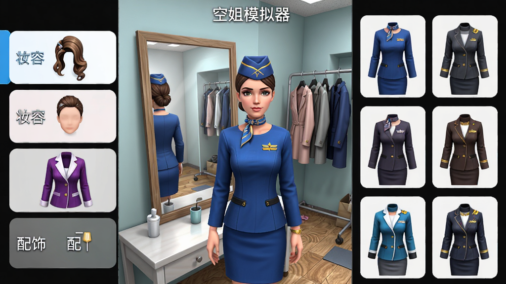 空姐模拟器角色换装界面,画面中央为一位空姐角色站在更衣室镜子前,左侧是发型、妆容、制服、配饰分类标签,右侧是不同款式的制服缩略图,布局为竖版手机界面,风格为清新时尚,细节包括镜面反射、衣架上的服装、地板纹理,画质清晰干净,界面中带文字“空姐模拟器”