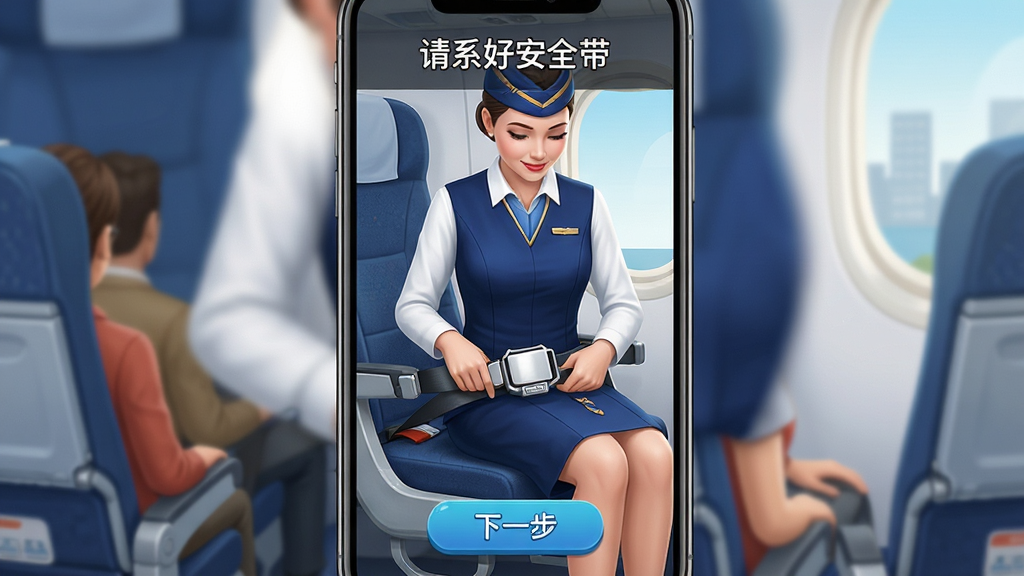 空姐模拟器新手教程界面截图,画面展示手机屏幕中空乘人员正在演示安全带使用方法,屏幕上方有文字提示“请系好安全带”,下方有下一步按钮,布局为竖版手机界面,风格为简洁明快,细节包括座椅、安全带卡扣、乘客注视,画质清晰干净,无多余元素