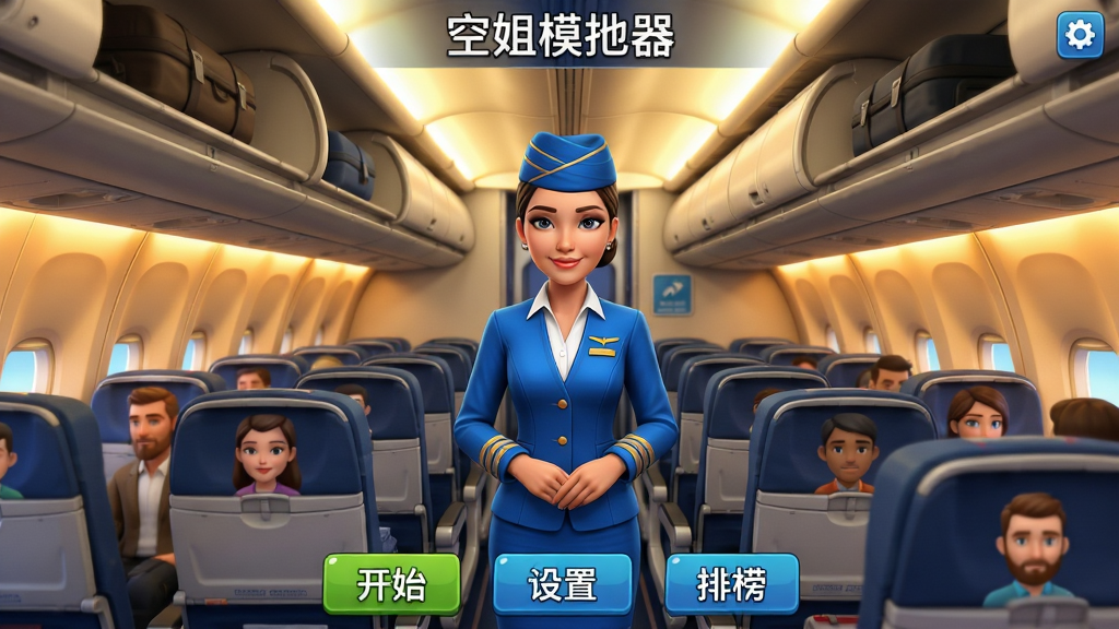 空姐模拟器软件主界面截图,画面中央展示一位身穿蓝色制服的空乘人员站在飞机客舱过道,两侧是整齐的座椅和行李架,背景为机舱内部暖色调灯光,布局采用竖版手机屏幕比例,顶部显示游戏标题“空姐模拟器”,下方有开始游戏、设置、排行榜等功能按钮,风格为写实卡通渲染,细节包括制服褶皱、舱内标识、乘客头像,画质清晰干净,无多余元素