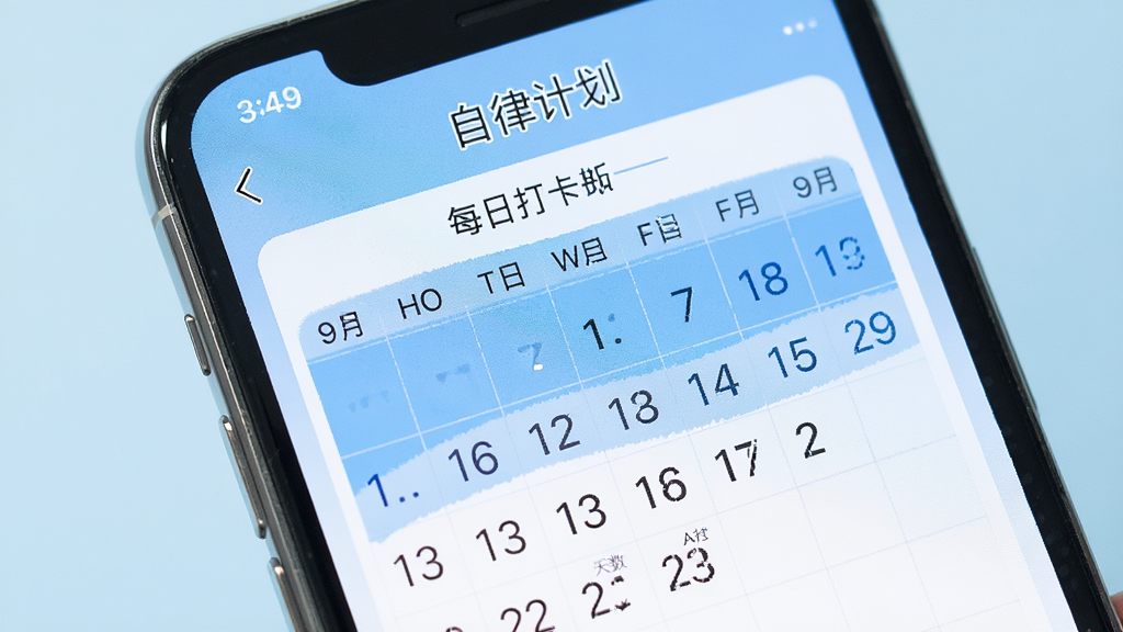 一张自律计划应用内每日打卡页面的特写图,手机屏幕显示打卡日历和连续天数统计,画面中有自律计划字样。背景为淡蓝色渐变,风格简洁清新,细节清晰,画质干净,无多余元素。