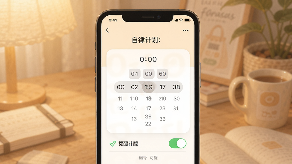 一张自律计划应用内提醒设置界面的示意图,手机屏幕显示时间选择器和提醒开关,画面中有自律计划字样。背景为柔和暖色调,风格温馨舒适,画质干净,无多余元素。