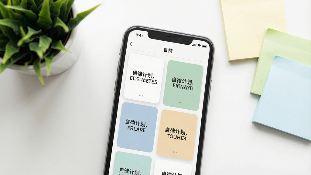 一张自律计划应用内计划清单模板选择界面的展示图,手机屏幕显示多个计划模板卡片,卡片上有自律计划文字标识。背景为白色桌面,配有绿植和便签纸,风格清新自然,画质干净,无多余元素。