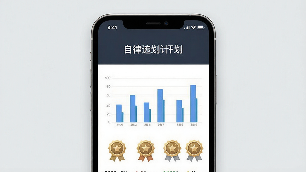 一张自律计划应用内数据统计页面的展示图,手机屏幕显示柱状图和成就徽章墙,画面中有自律计划文字。背景为浅灰色,风格商务简约,画质干净,无多余元素。