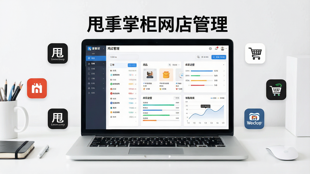 一张展现甩手掌柜网店管理软件核心全貌的场景图,画面中央是一台打开的笔记本电脑,屏幕上显示着甩手掌柜网店管理软件的仪表盘界面,包含订单列表、商品卡片、库存进度条与销售曲线图,屏幕上方悬浮着“甩手掌柜网店管理”字样,笔记本周围环绕着多个电商平台的小图标,背景是干净明亮的办公桌面,风格简洁现代,细节清晰,画质干净,无多余元素