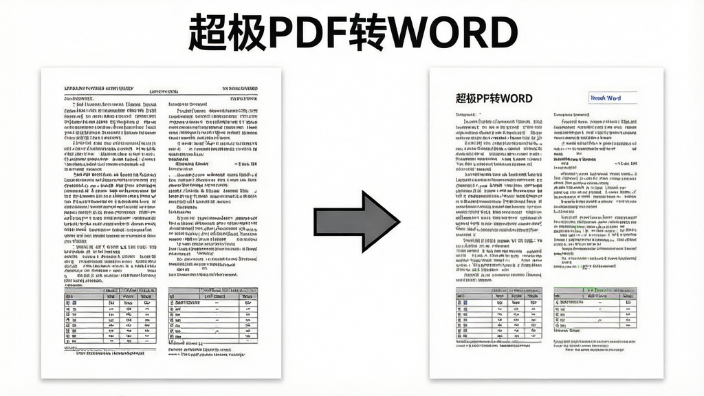 一张对比示意图,左侧显示一份排版复杂的PDF文档,包含双栏文字和表格,右侧显示超极PDF转WORD转换后的Word文档,排版几乎一致,中间有箭头连接,顶部有软件名称“超极PDF转WORD”,风格为简洁说明图,背景白色,画质清晰,无杂乱元素