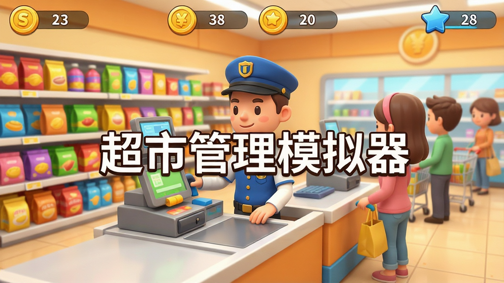 一张卡通写实风格的手机游戏截图,画面中央是一家现代化超市的收银台场景,货架上摆满彩色商品,一位穿着店长制服的卡通人物正在收银,背景有顾客排队购物,画面顶部有金币和等级图标,整体色调明亮温暖,构图饱满,画质清晰干净,无多余元素,图片中央带文字“超市管理模拟器”