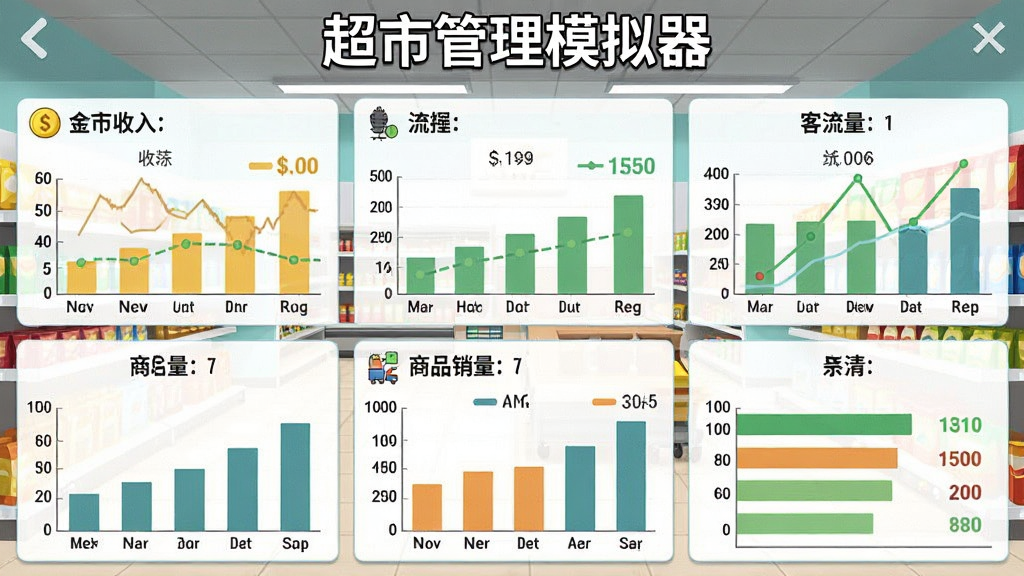 一张超市管理模拟器游戏内的经营数据统计界面截图,画面显示金币收入、客流量、商品销量等图表数据,背景是超市货架场景,色调清爽简洁,画质清晰干净,无多余元素,图片顶部带文字“超市管理模拟器”