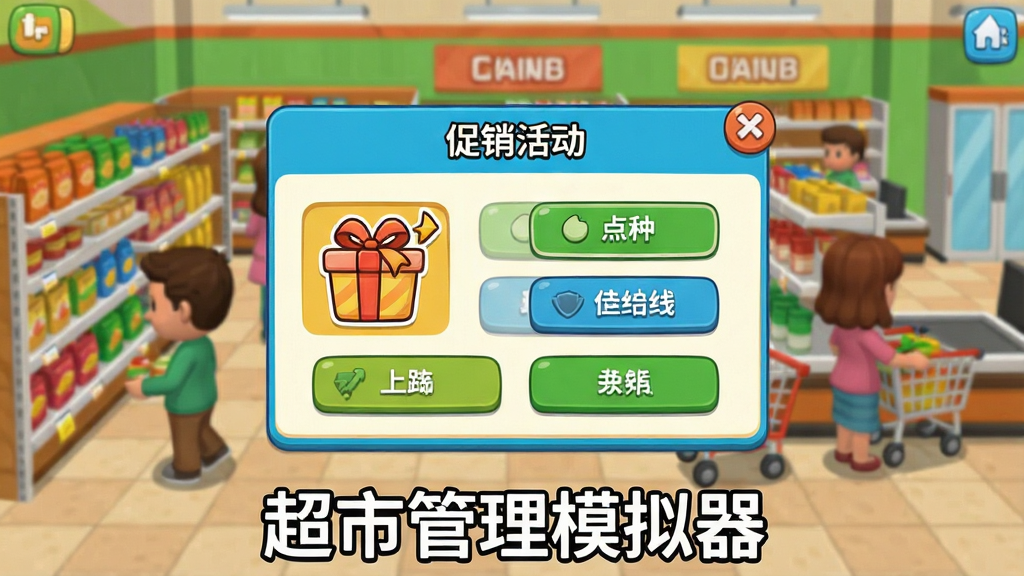 一张超市管理模拟器游戏内的随机事件弹窗截图,画面中央弹出“促销活动”事件窗口,带有卡通风格的图标和选项按钮,背景是超市货架和顾客场景,色调鲜艳明快,画质清晰干净,无多余元素,图片下方带文字“超市管理模拟器”