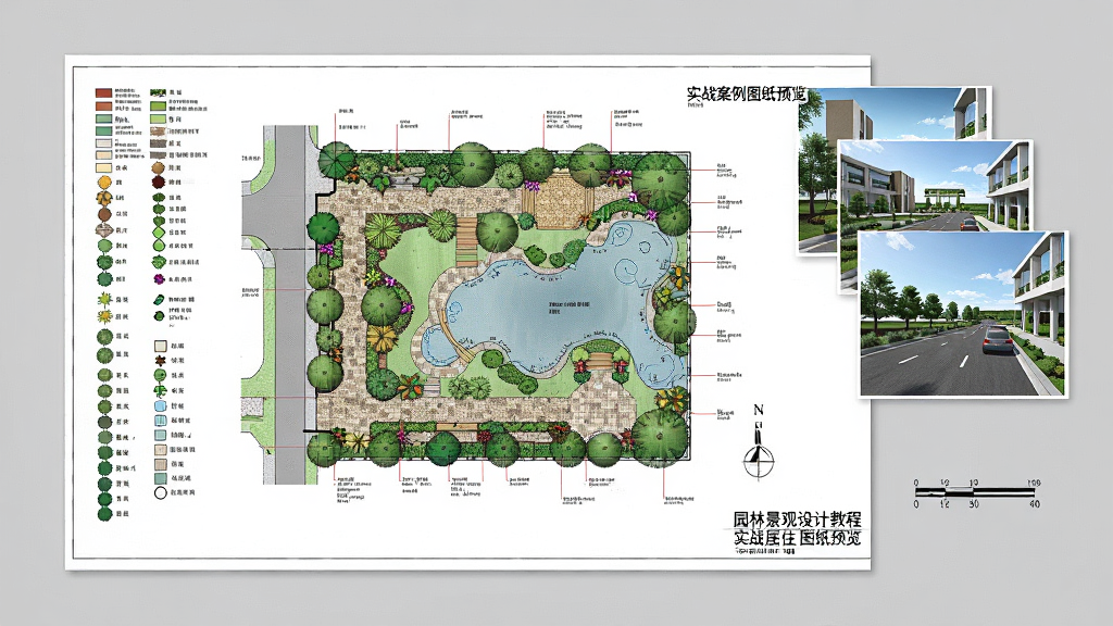 园林景观设计教程 实战案例图纸预览,画面展示一张居住区景观总平面图,图纸上有彩色植物图例、铺装纹理、水体轮廓和标注文字,旁边叠放几张效果图小图,背景为浅灰色桌面,风格素雅极简,细节清晰,画质高清干净无多余元素