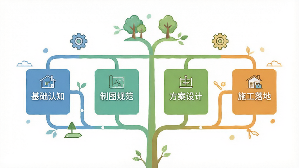 园林景观设计教程 课程体系结构图,画面以树状图形式展示四个学习阶段,每个阶段用不同颜色方块标注,方块内写有「基础认知」「制图规范」「方案设计」「施工落地」字样,背景为白色,排版整齐,风格清新浅色,细节包含小图标点缀,画质清晰干净无多余元素