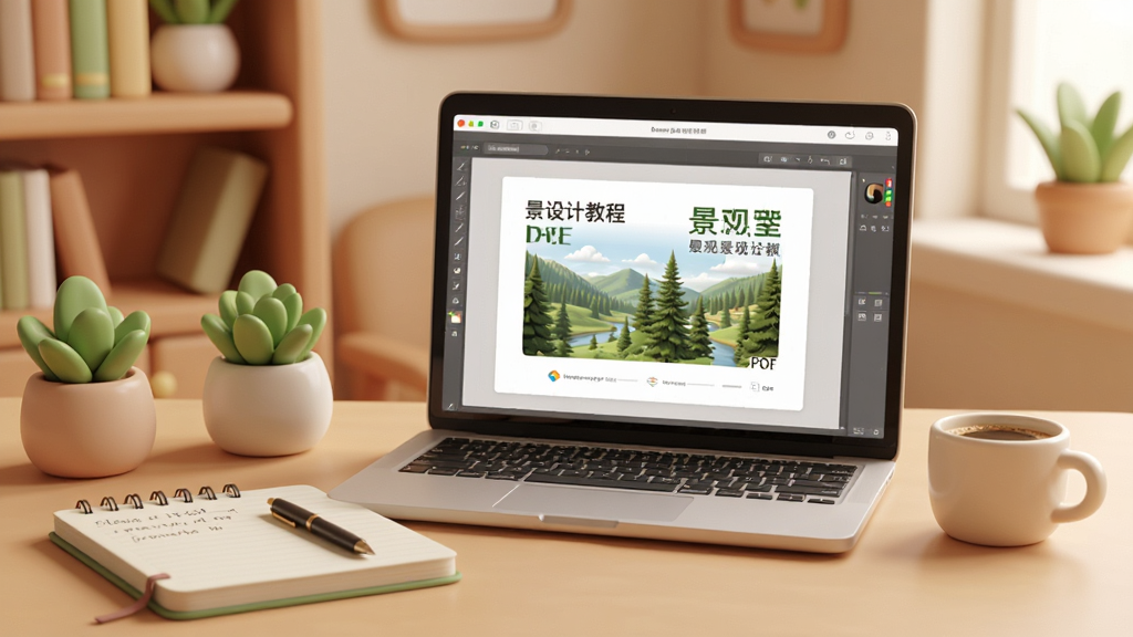 园林景观设计教程 新手学习场景,画面展示一台笔记本电脑屏幕上打开着景观设计教程PDF,旁边放着一本笔记本和一支笔,桌面上还有一杯咖啡,背景为温馨的书房环境,风格柔和圆角,细节包含绿植小盆栽,画质高清干净无多余元素