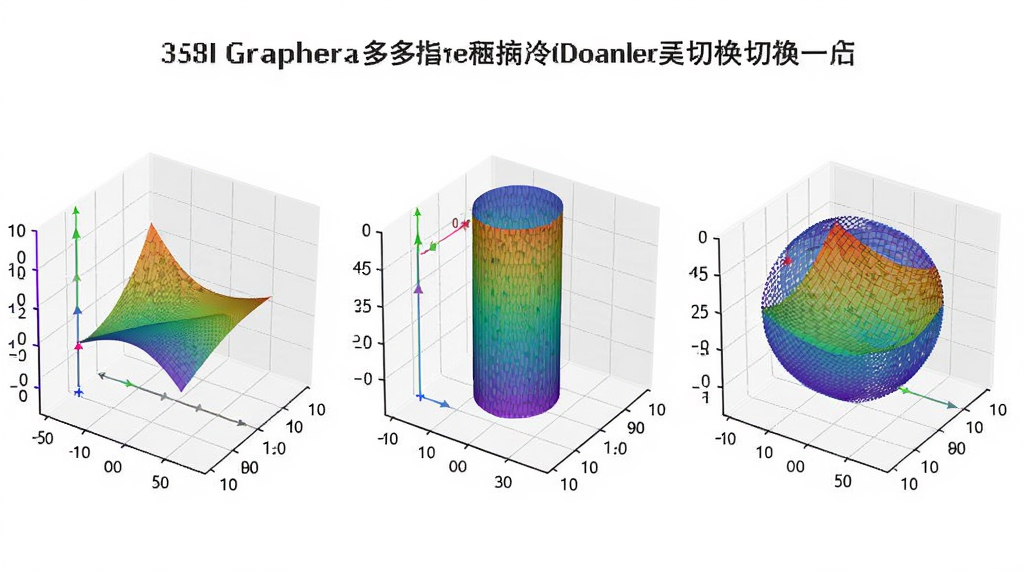 一张展示3d grapher多坐标系切换功能的图片,主体是三个并排的三维坐标系分别显示直角坐标、柱坐标和球坐标下的曲面,布局为横向排列,排版整齐,风格为教学演示,细节包括每个坐标系有对应的坐标轴标签,画质高清,干净,无多余元素