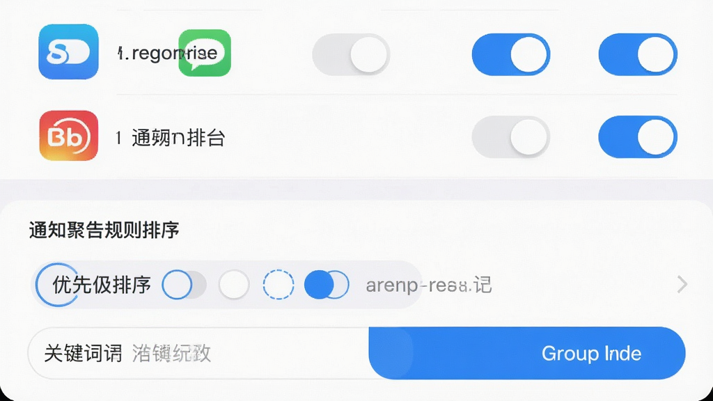 一张手机应用设置界面截图风格画面,画面展示通知聚合应用中的分组规则设置页面,页面上半部分列出多个应用图标与开关按钮,下半部分显示优先级排序选项和关键词输入框,界面采用浅色主题,文字为深灰色,按钮为蓝色圆角矩形,布局清晰有层次,整体风格简约商务,画质高清,画面干净整洁