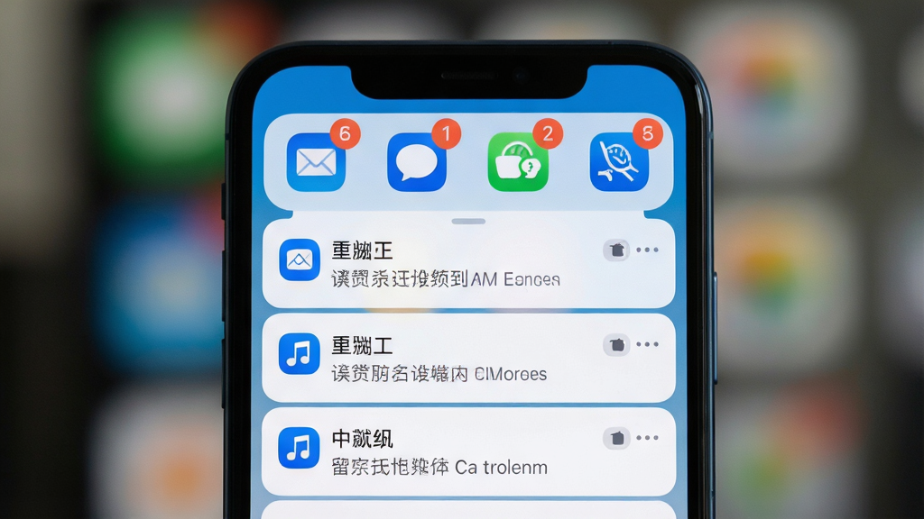 一张手机通知栏特写画面,画面中通知聚合应用正在工作,屏幕顶部通知栏显示多个应用图标各自带着数字角标,下方展开其中一个分组后可以看到该应用的多条通知内容整齐排列,界面风格为扁平化设计,色调以白底蓝字为主,手机边框为深色,背景虚化处理,主体突出通知分组效果,画质清晰,构图居中,无多余装饰元素