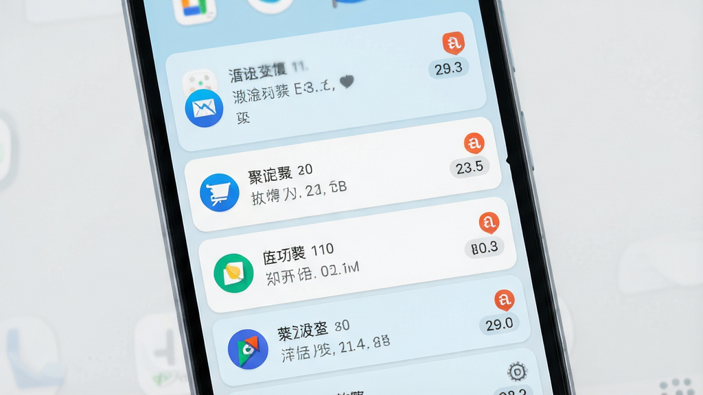 一张安卓手机屏幕正面展示图,画面中央是通知聚合应用的主界面,通知栏中多个应用的通知被整齐地分组排列,每组通知左侧显示应用图标,右侧显示该应用的通知数量角标,界面采用简洁的白色与浅蓝色配色方案,背景为淡灰色手机桌面,整体风格干净清爽,细节上通知分组之间的间距均匀,文字清晰可读,画质高清,画面干净,无多余元素