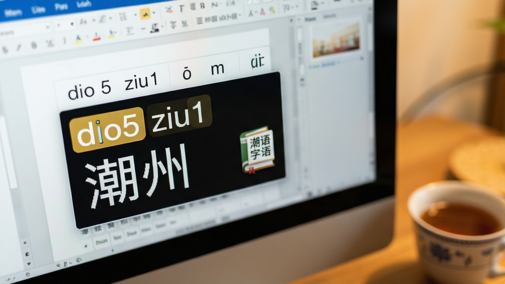 一张展示潮语输入法潮汕话拼音输入功能的特写图片,画面主体是电脑屏幕上的输入法候选框,框内显示拼音“dio5 ziu1”对应的潮汕话候选词“潮州”,旁边有潮语字典小图标,背景是模糊的文档编辑界面,屏幕旁放置一杯功夫茶,风格温馨生活化,细节包括候选词高亮、拼音字母清晰可辨,画质干净,无多余元素