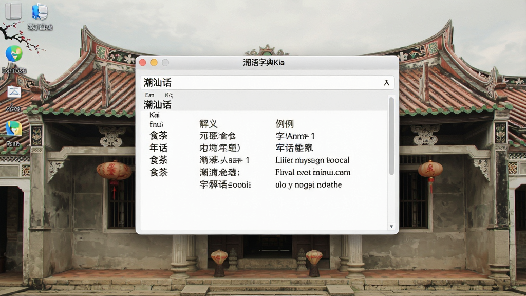 一张展示潮语输入法内置潮语字典查询界面的图片,画面中央是字典查询窗口,标题栏显示“潮语字典Kia”,窗口内列出潮汕话词汇“食茶”的拼音、释义和例句,背景是电脑桌面,桌面壁纸为潮汕老厝建筑,风格素雅文化感强,细节包括字典条目清晰、排版整齐,画质清晰,无多余元素
