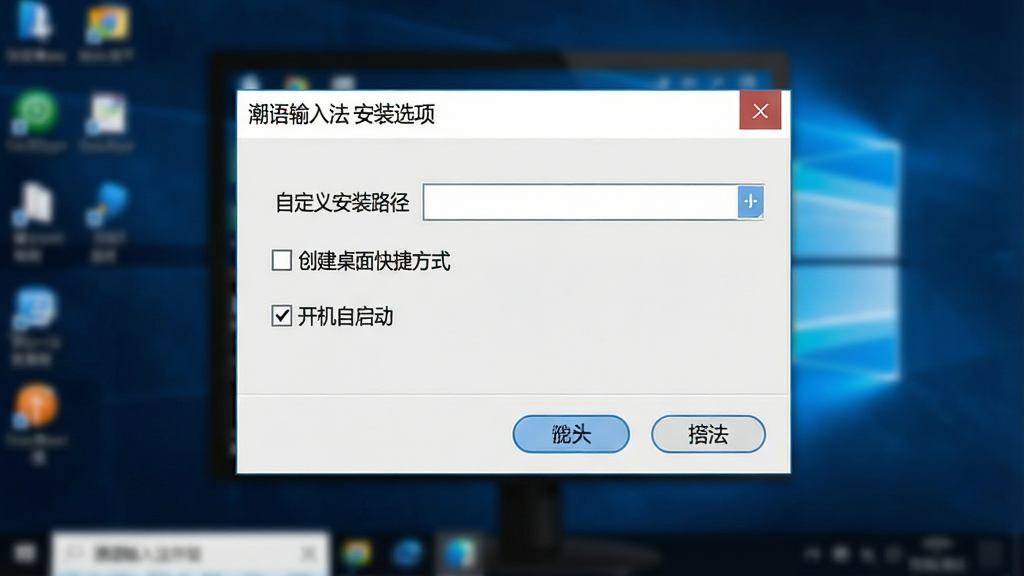 一张展示潮语输入法安装设置界面的图片,画面主体是电脑屏幕上的安装向导窗口,窗口标题显示“潮语输入法 安装选项”,界面内有“自定义安装路径”“创建桌面快捷方式”“开机自启动”等勾选项,背景是模糊的电脑桌面,风格简洁实用,细节包括按钮高亮、文字清晰,画质干净,无多余元素