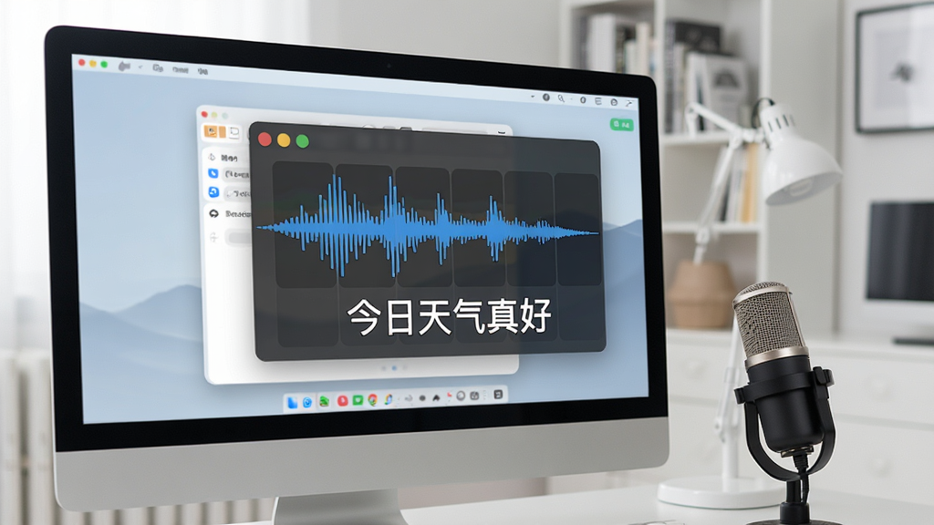 一张展示潮语输入法语音转文字功能的图片,画面主体是电脑屏幕上的语音输入悬浮窗,窗口内显示声波波形和识别出的潮汕话文字“今日天气真好”,屏幕旁边有一个USB麦克风,背景是居家书房环境,风格现代简洁,细节包括波形动态感、文字清晰,画质干净,无多余元素