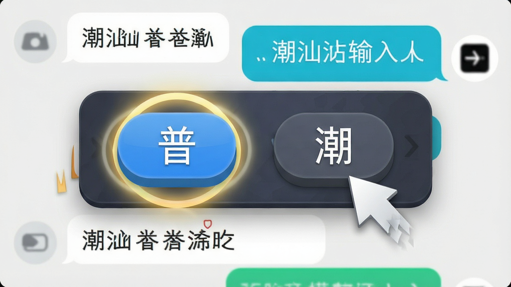一张展示潮语输入法双模式切换功能的图片,画面中央是输入法状态栏特写,显示“普”和“潮”两个切换按钮,按钮周围有光效提示当前为潮汕话模式,背景是聊天软件对话框,对话框内显示潮汕话文字消息,风格清新明快,细节包括按钮立体感、切换动画效果,画质清晰,无多余元素