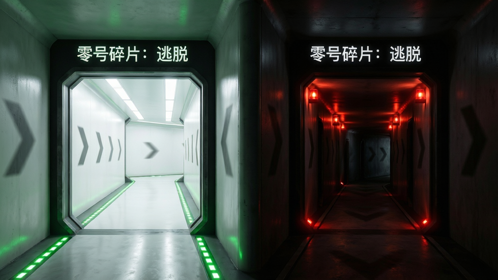 一个分岔路口的场景,画面中央有两条通道,左侧通道明亮宽敞,右侧通道昏暗狭窄,通道入口上方分别写着
