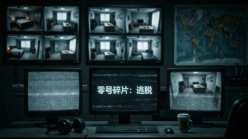 一个黑暗的控制室场景,画面中央是一台亮着屏幕的监控台,屏幕上显示着