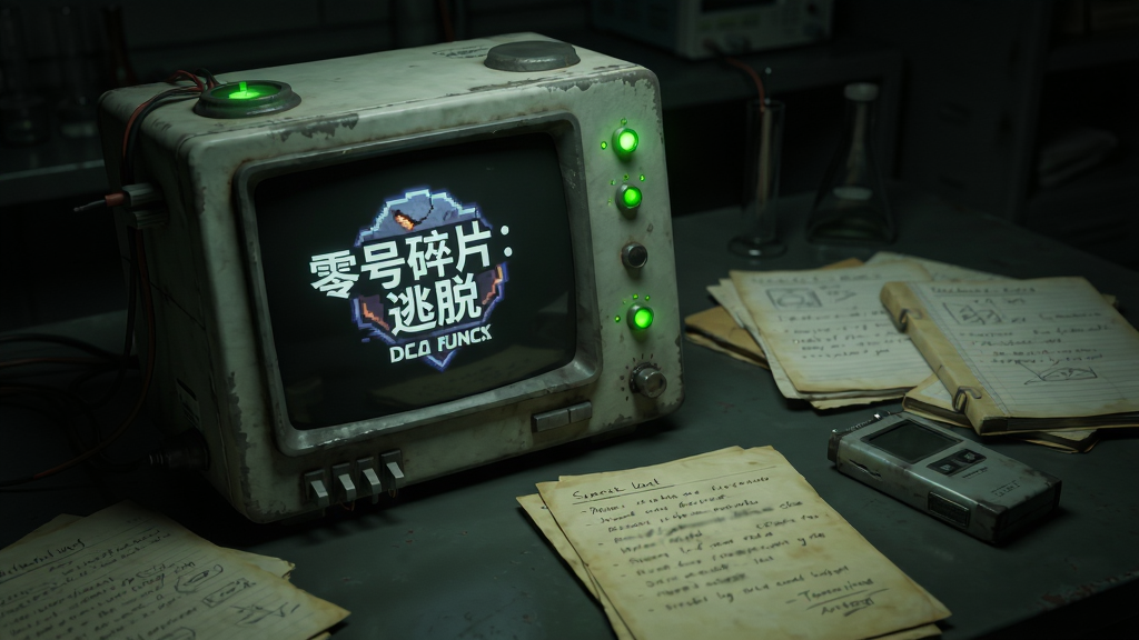 一间昏暗的科幻实验室内部场景,画面中央摆放着一台老旧的实验设备,设备屏幕上显示着