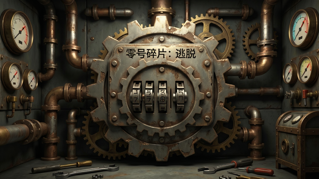 一个充满机械机关的房间,画面中央是一个大型齿轮密码锁装置,装置上刻有