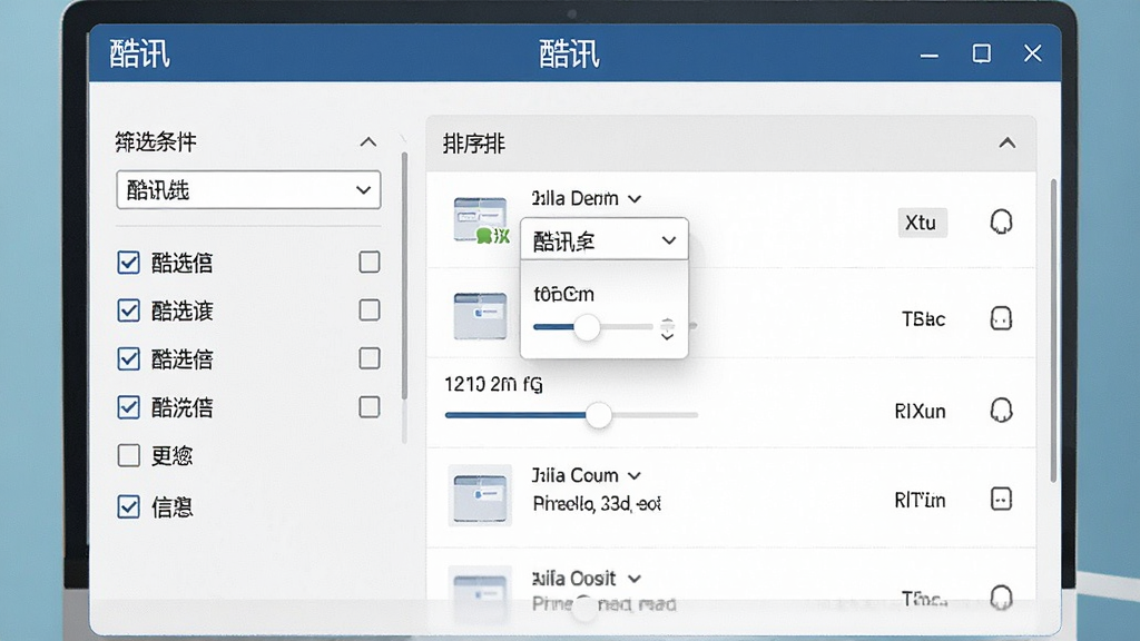 一张展示酷讯智能筛选排序功能的AI生图,画面为电脑软件操作界面,窗口标题栏写有“酷讯”,界面左侧为筛选条件勾选框,右侧为排序后的列表,布局清晰,风格简约商务,细节上体现下拉菜单和滑块控件,画质清晰,干净,无多余元素