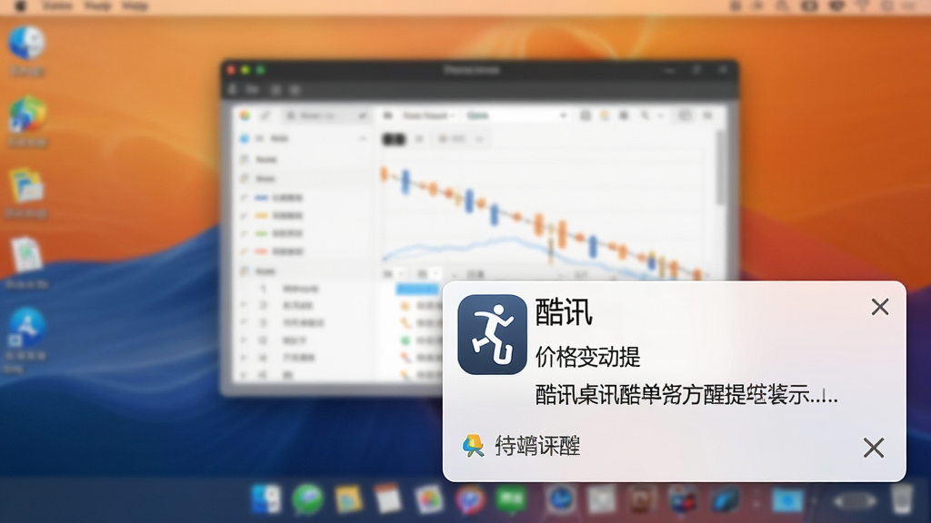 一张展示酷讯桌面提醒通知功能的AI生图,画面为电脑桌面右下角弹出通知窗口,窗口内写有“酷讯”和价格变动提示文字,背景是模糊的桌面壁纸,布局突出通知框,风格写实,细节上体现通知图标和关闭按钮,画质清晰,干净,无多余元素