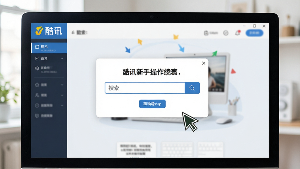 一张展示酷讯新手操作界面的AI生图,画面为电脑屏幕特写,屏幕上显示“酷讯”软件主界面和提示弹窗,布局突出搜索框和帮助提示,风格友好清新,细节上体现鼠标指针和操作指引箭头,画质清晰,干净,无多余元素