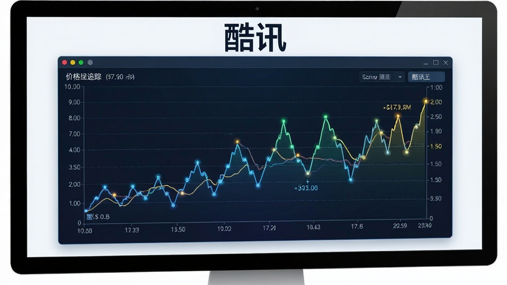 一张展示酷讯历史价格追踪功能的AI生图,画面主体是电脑屏幕上的折线图,图表上方标注“酷讯”字样,折线图展示价格起伏变化,布局在软件窗口内,风格科技感,细节上体现坐标轴和数据点,画质清晰,干净,无多余元素