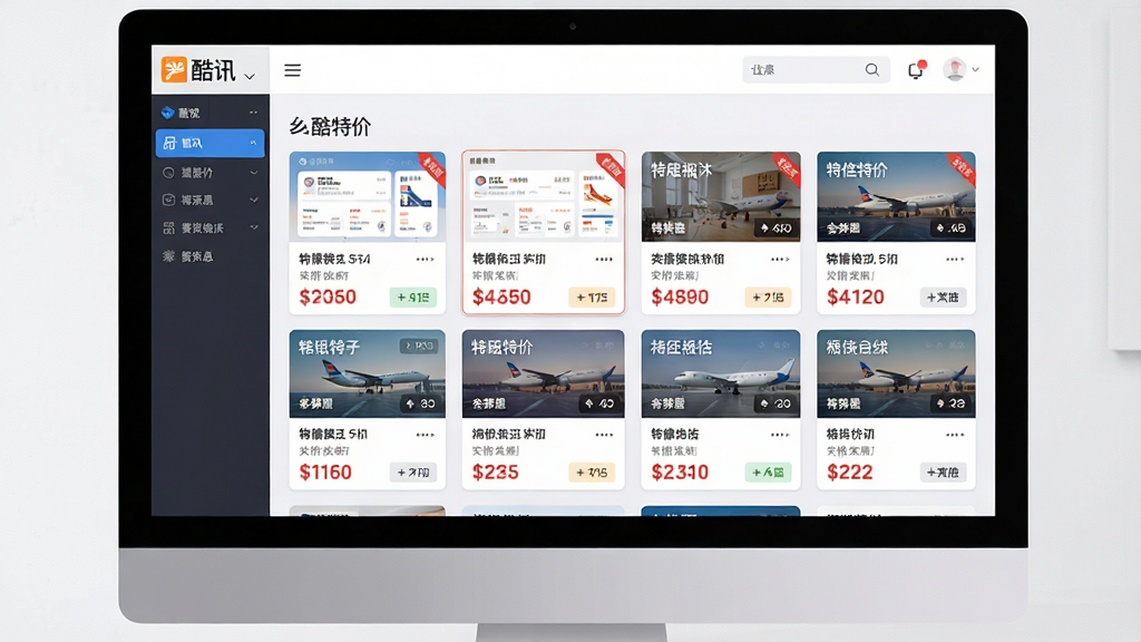 一张展示酷讯特价信息聚合功能的AI生图,画面主体是电脑屏幕,屏幕上显示“酷讯”软件界面,界面中央有多个卡片式特价机票和酒店信息排列,布局整齐,风格现代扁平化,细节上体现价格标签和折扣标识,画质清晰,干净,无多余元素