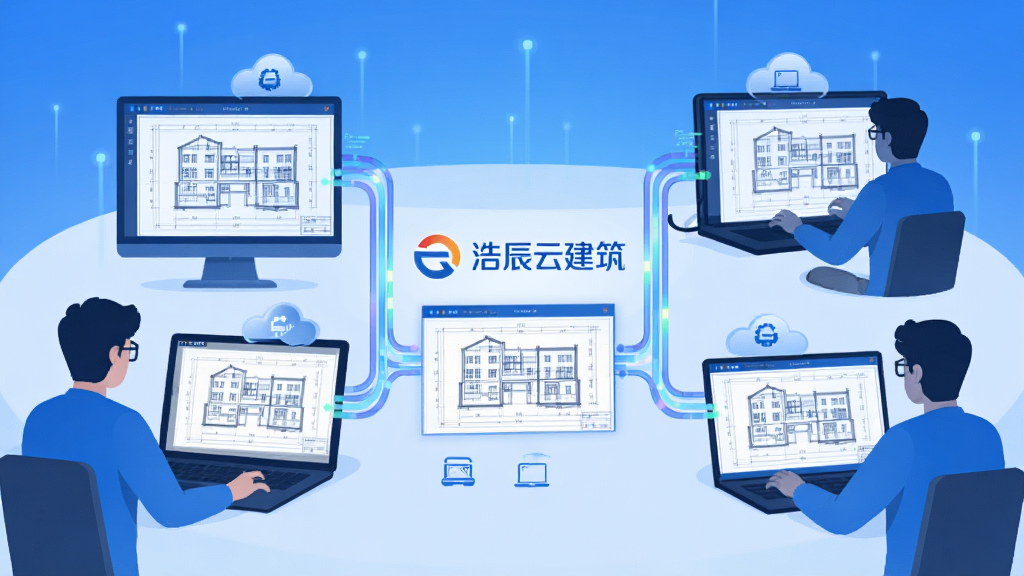 浩辰云建筑云端协同设计场景,画面展示三位设计师分别在不同设备上同时编辑同一份建筑图纸,屏幕之间以数据流线条连接,背景为简洁的科技感蓝色调,画面中央显示浩辰云建筑软件logo与建筑图纸缩略图,风格为扁平化科技插画,细节包含人物剪影、设备图标、云朵符号,画质高清,干净无多余元素