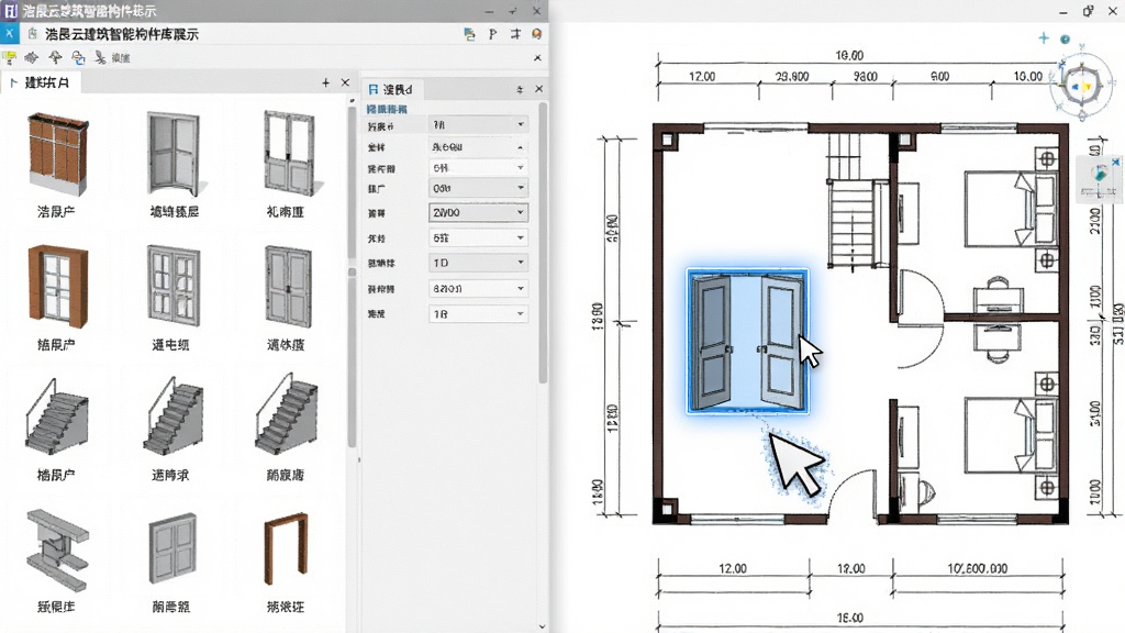 浩辰云建筑智能构件库展示,画面左侧为分类清晰的建筑构件面板,包含墙体、门窗、楼梯等图标,右侧为图纸中已经布置好的建筑平面图,高亮显示正在拖拽的门窗构件,风格为软件界面写实风格,细节包含构件缩略图、参数设置面板、鼠标拖拽轨迹,画质高清,干净整洁,无多余元素