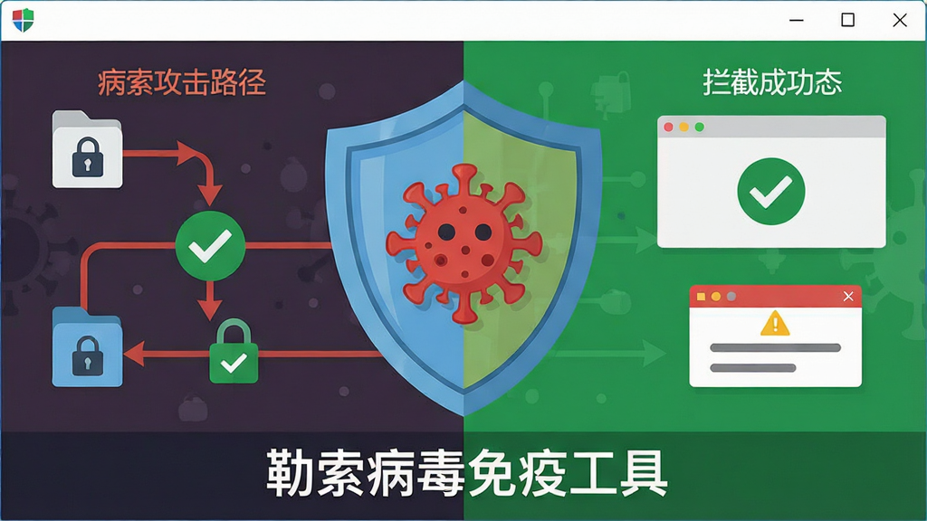 勒索病毒免疫工具主动防御拦截界面,主体为盾牌挡住红色病毒图标,布局为左右对比式,左侧显示病毒攻击路径,右侧显示拦截成功状态,风格为扁平化安全主题插画,细节包含文件锁图标、绿色对勾、警告弹窗,画质清晰,干净无杂乱元素,“勒索病毒免疫工具”字样出现在盾牌下方。