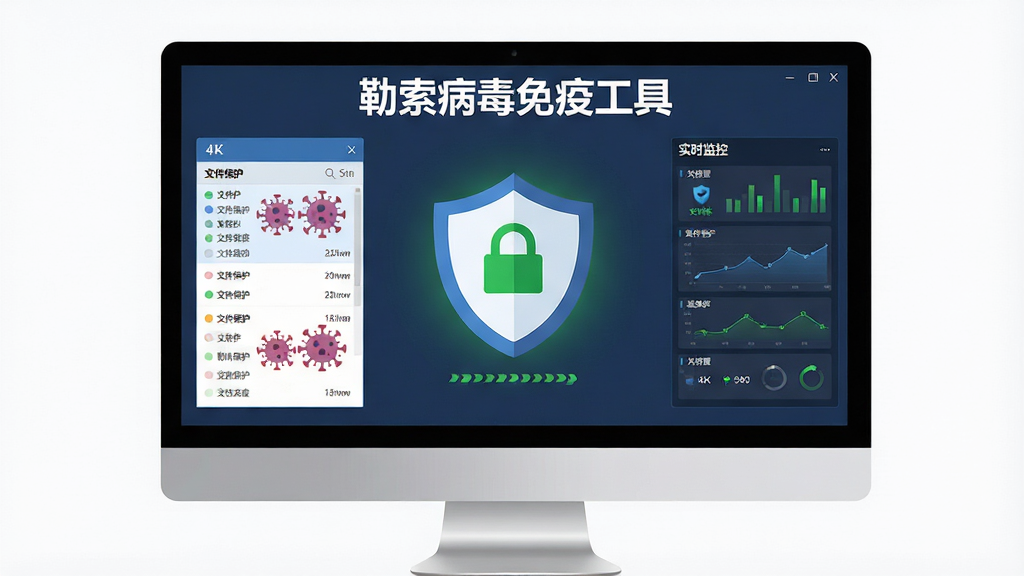 勒索病毒免疫工具软件界面全景展示,主体为电脑屏幕中央显示盾牌图标与绿色防护状态,布局采用居中对称式排版,风格为现代科技感扁平设计,细节包含病毒样本被拦截动画、文件保护列表、实时监控面板,画面干净无多余元素,4K高画质,软件名称“勒索病毒免疫工具”以白色字体显示在界面顶部。