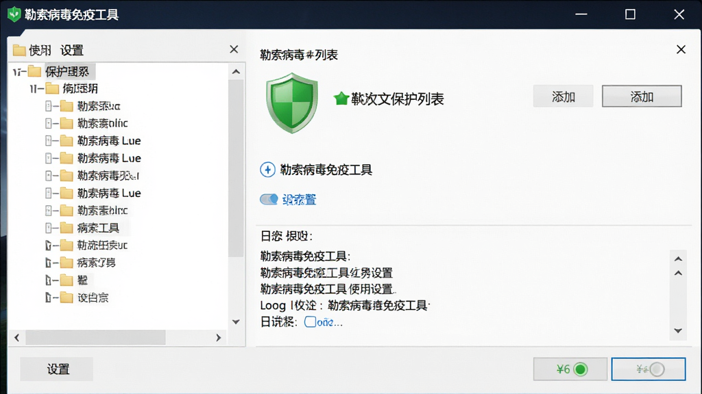 勒索病毒免疫工具使用设置界面截图,主体为电脑屏幕显示文件夹保护列表与开关按钮,布局为左右分栏式,左侧为目录树,右侧为设置选项,风格为Windows原生扁平UI,细节包含绿色盾牌图标、添加按钮、日志入口,画质清晰,干净无杂物,“勒索病毒免疫工具”标题位于窗口顶部。