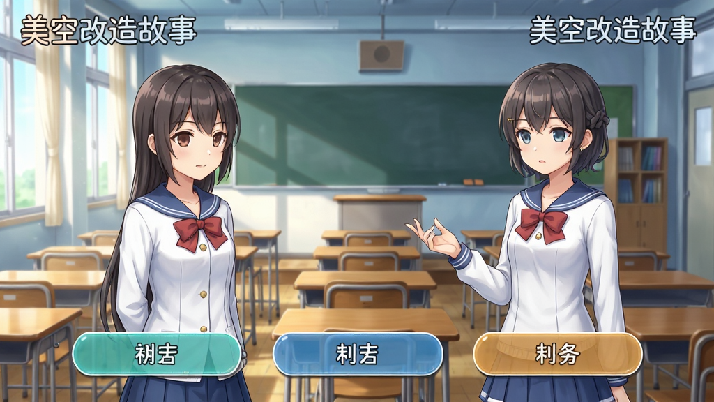游戏剧情选择界面,画面中两位角色正在对话,屏幕下方出现三个选项按钮,背景是校园教室场景,风格为清新动漫风,细节丰富,画质清晰,干净无多余元素,画面中带有“美空改造故事”的文字
