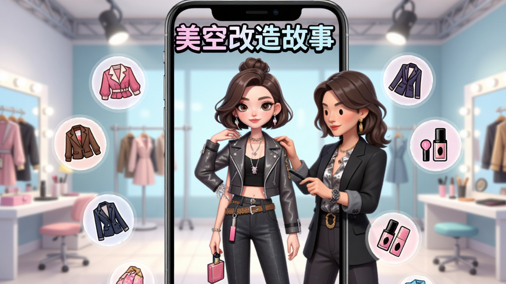手机屏幕中展示一位时尚造型师正在为角色搭配服装,画面中央是精致的角色立绘,周围漂浮着各种服饰、化妆品图标,背景是明亮的时尚工作室,风格为二次元卡通渲染,细节丰富,画质清晰,干净无多余元素,画面中带有“美空改造故事”的文字标题