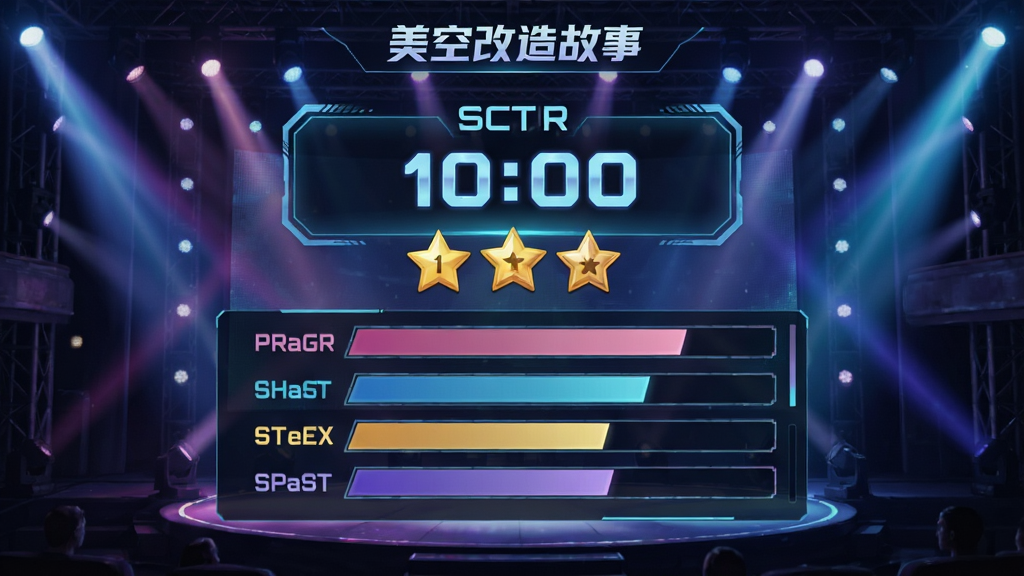 游戏评分结算界面,屏幕中央显示分数和星级,下方列出各项得分条,背景是舞台灯光效果,风格为科技感与时尚结合,细节清晰,画质高清,干净无多余元素,画面中有“美空改造故事”的文字